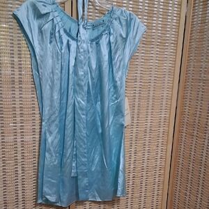 Tie-Neck Satin Cap-Sleeve Blouse in Light Blue